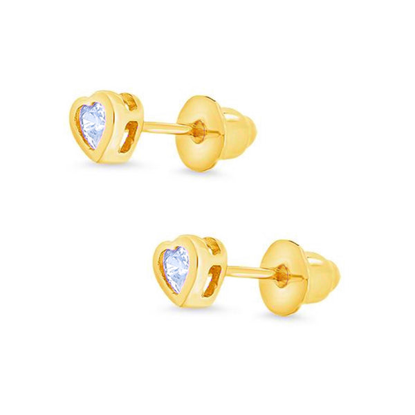 14K Gold Plated, 925 Sterling Silver CZ Small Heart Push Back Earring For Kids, Teens