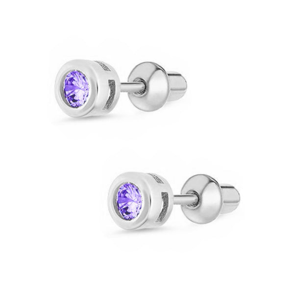 925 Sterling Silver CZ Small Roun Push Back Earring For Kids, Teens