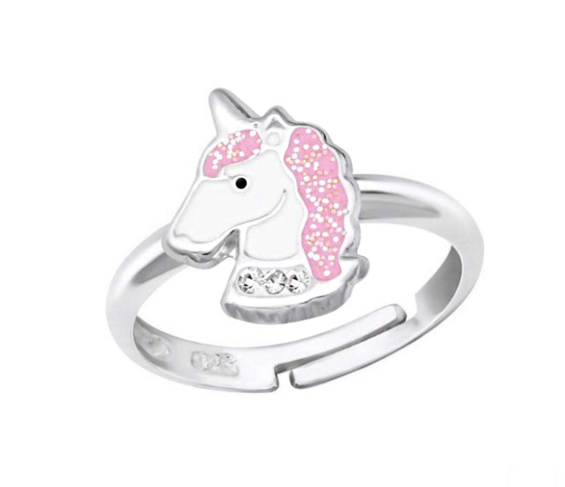 925 Sterling Silver Glitter Unicorn Enamel Crystal Stones Ring For Kids, Teens