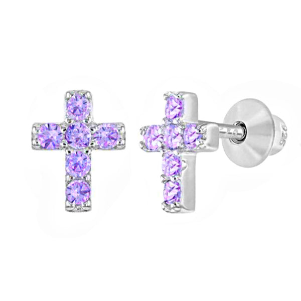 925 Sterling Silver Cross CZ Stones Screw Back Earrings or Baby, Toddlers, Kids, Teens