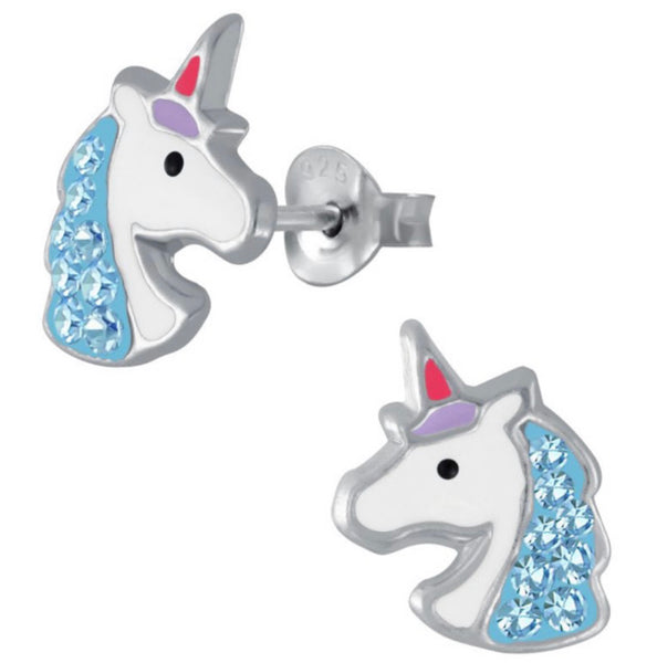 925 Sterling Silver Magical Unicorn Enamel Crystal Stones Push Back Earrings For Teens, Kids