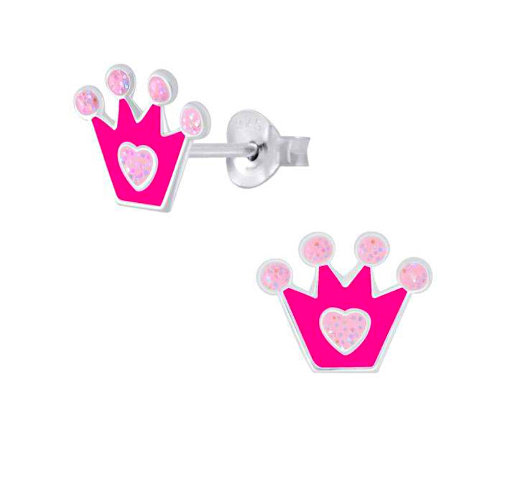 925 Sterling Silver Crown Glitter Enamel Push Back Earring For Kids, Teens