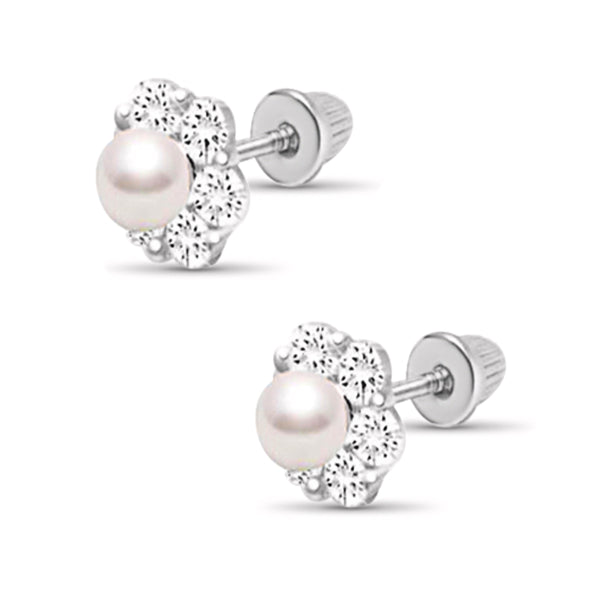 925 Sterling Silver Flower Pearl CZ Stones Screw Back Earrings for Baby, Kids, Teens - Forever Kids Jewelry