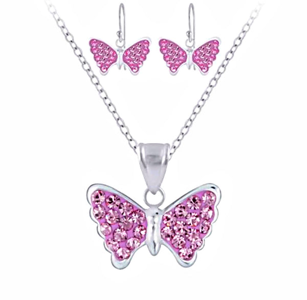 925 Sterling Silver Crystal Butterfly Drop Earrings and Necklace Set For Kids and Teens - Forever Kids Jewelry