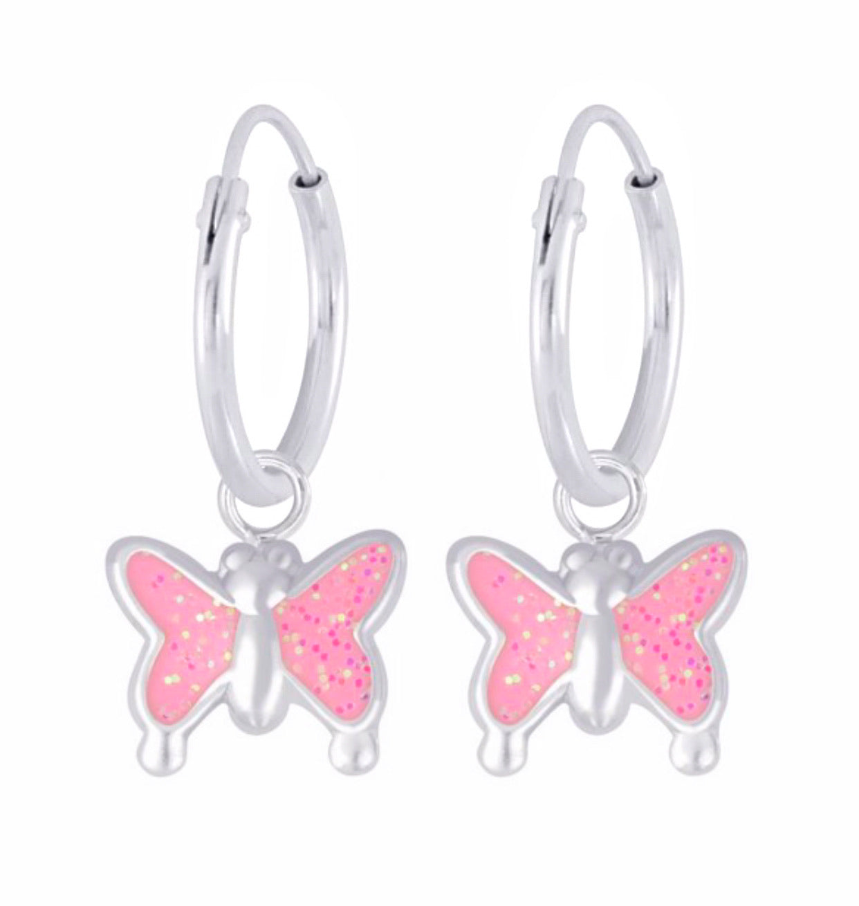 925 Sterling Silver Butterfly Glitter Enamel Hoop Earrings For Kids, Teens - Forever Kids Jewelry