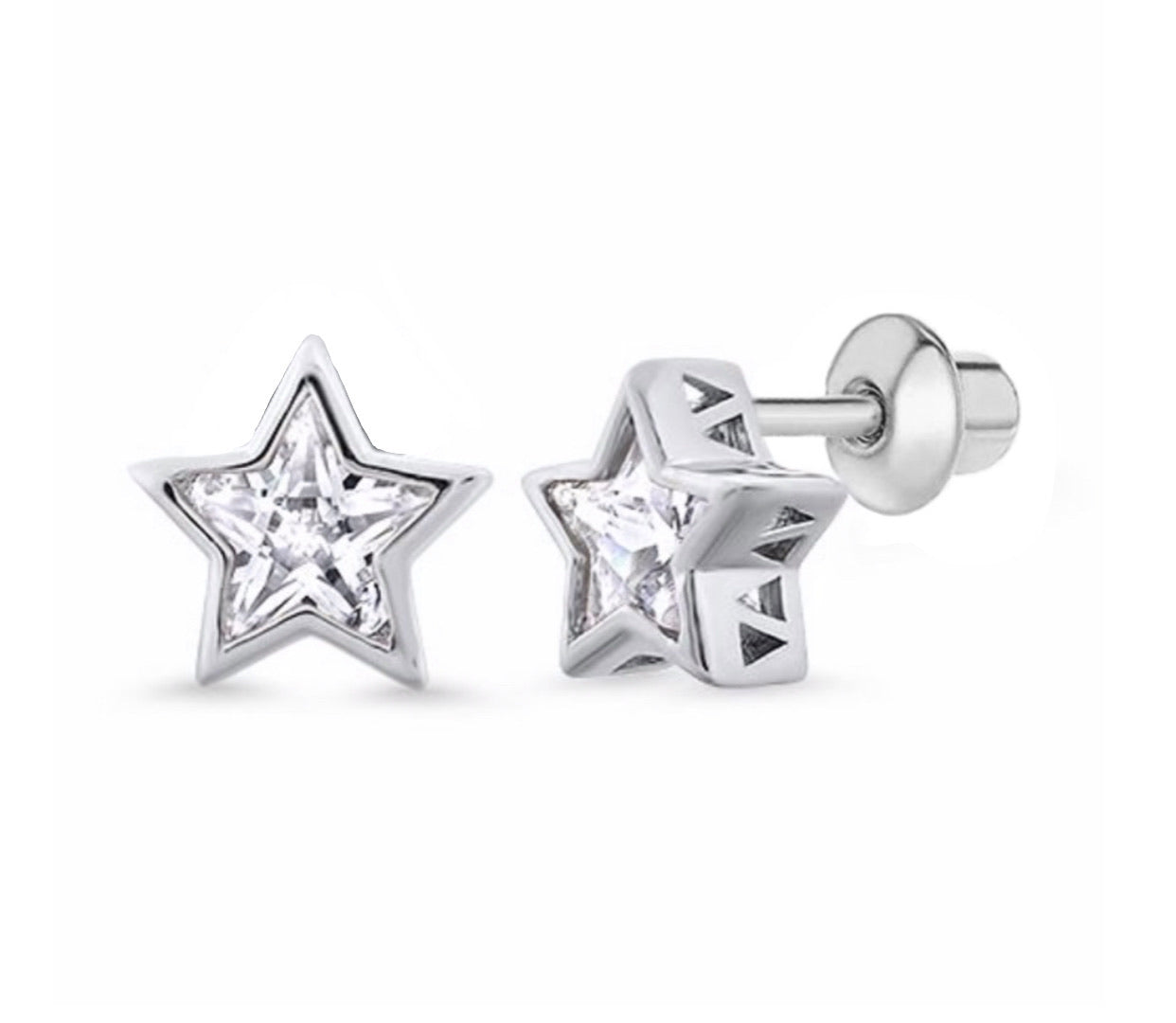 925 Sterling Silver Star CZ Stone Screw Back Earrings For Baby, Toddler, Kids, Teens