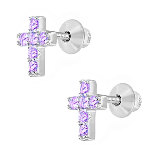 925 Sterling Silver Cross CZ Stones Screw Back Earrings or Baby, Toddlers, Kids, Teens