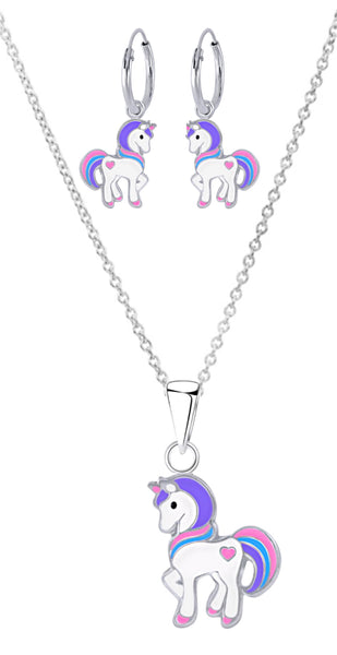 925 Sterling Silver Unicorn With Heart Hoop Earrings and Necklace Set For Kids and Teens - Forever Kids Jewelry