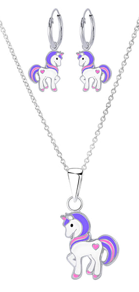 925 Sterling Silver Unicorn With Heart Hoop Earrings and Necklace Set For Kids and Teens - Forever Kids Jewelry