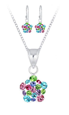 925 Sterling Silver Flower Multicolour Crystal Set For Kids and Teens