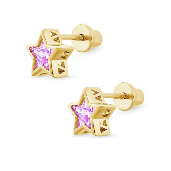 14K Gold Plated 925 Sterling Silver Star CZ Stone Screw Back Earrings For Baby, Toddler, Kids, Teens - Forever Kids Jewelry