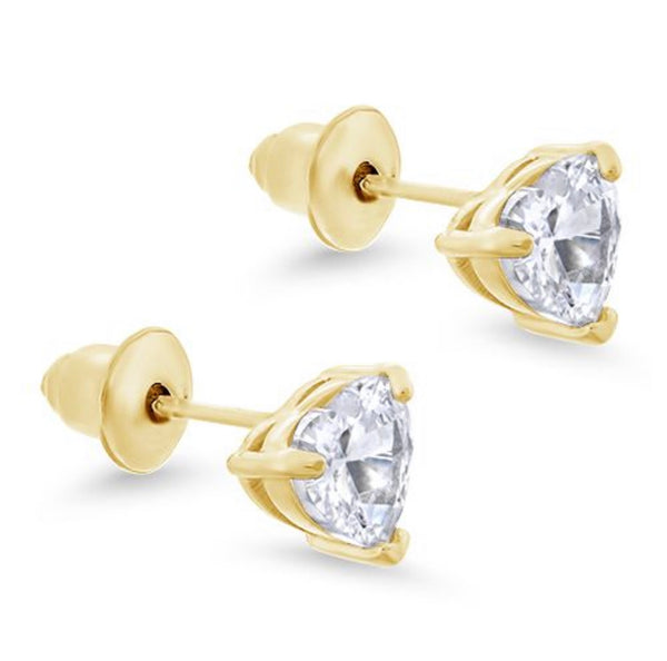 14K Gold Plated 925 Sterling Silver 6 mm CZ Heart Push Back Earring For Kids, Teens
