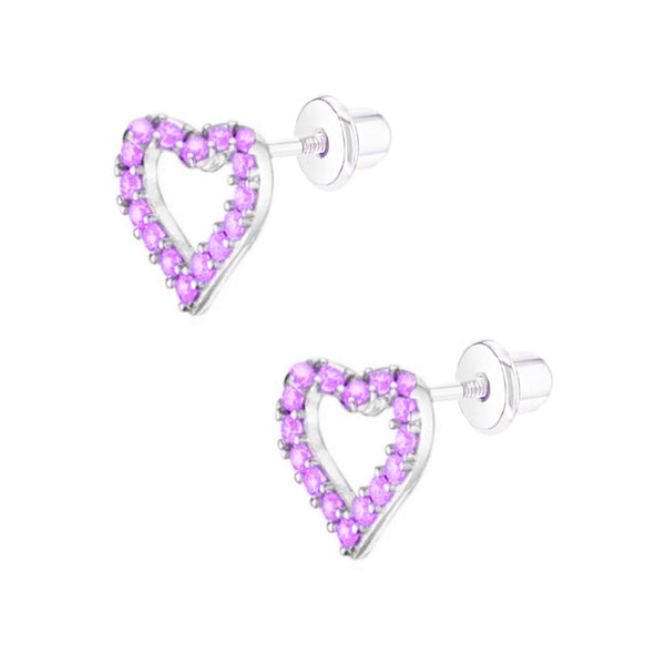 925 Sterling Silver Open Heart CZ Stones Screw Back Earrings For Baby, Toddlers, Kids and Teens - Forever Kids Jewelry
