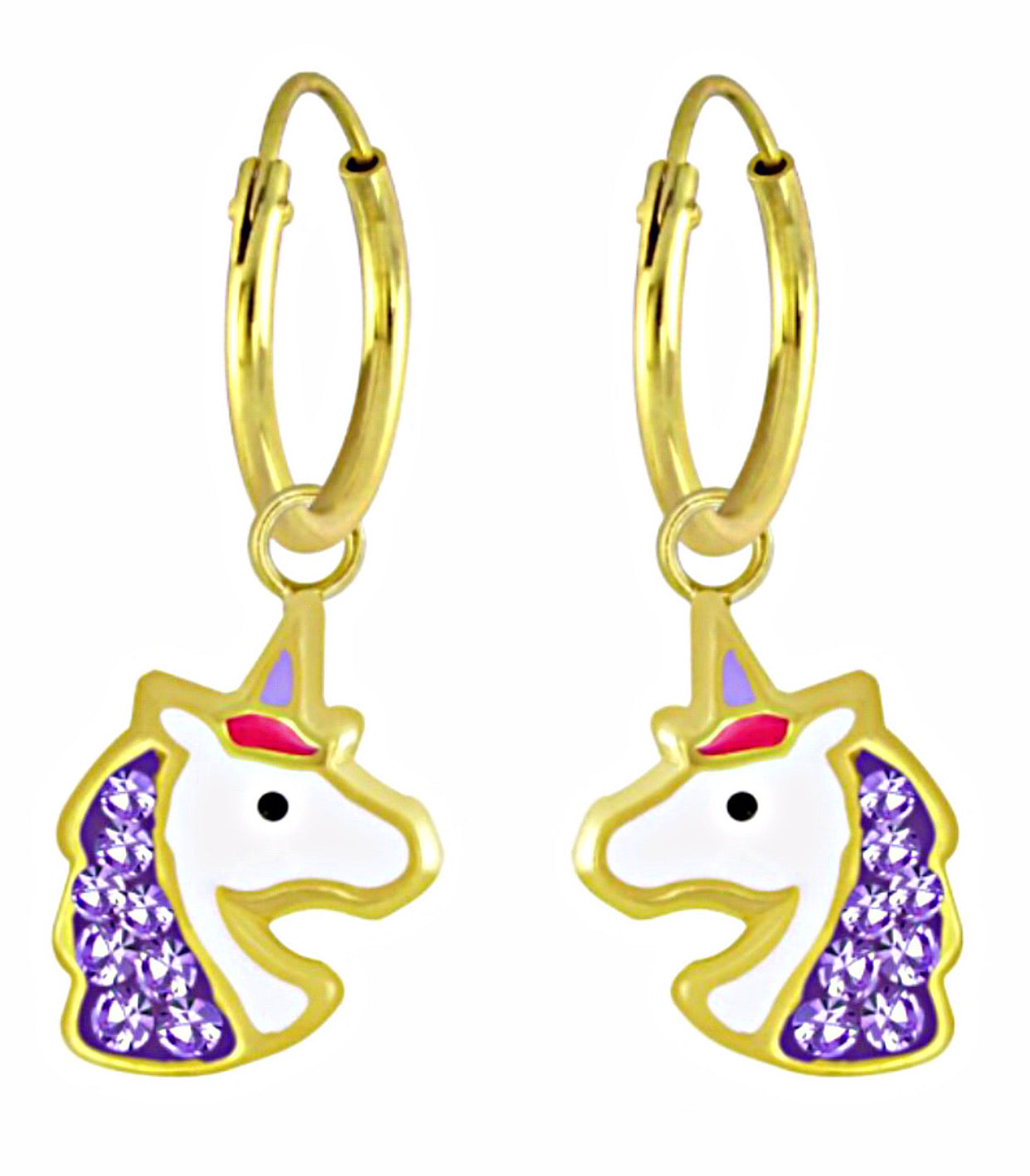 14K Gold Plated 925 Sterling Silver Crystal Unicorn Enamel Hoop Earrings For Kids, Teens - Forever Kids Jewelry