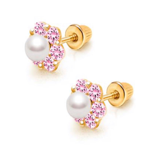 14K Gold Plated, 925 Sterling Silver Flower CZ Stones Pearl Screw Back Earrings for Baby, Kids, Teens - Forever Kids Jewelry
