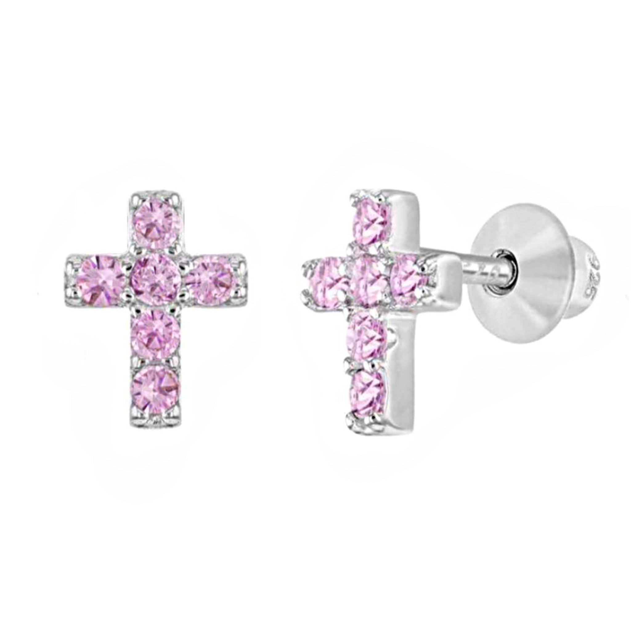 925 Sterling Silver Cross CZ Stones Screw Back Earrings or Baby, Toddlers, Kids, Teens