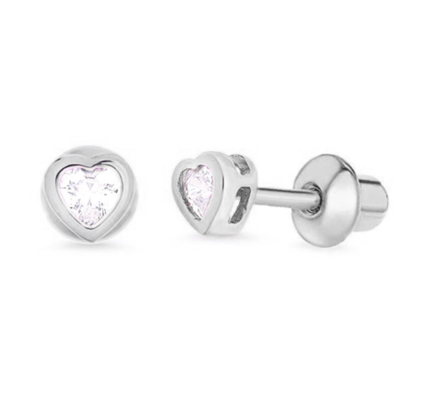 925 Sterling Silver CZ Small Heart Push Back Earring For Kids, Teens