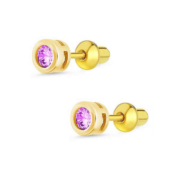 14K Gold Plated 925 Sterling Silver CZ Small Round Push Back Earring For Kids, Teens
