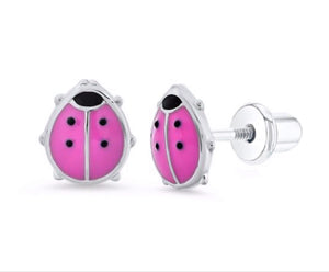 925 Sterling Silver Ladybug Enamel Screw Back Earrings For Baby, Toddler, Kids and Teens