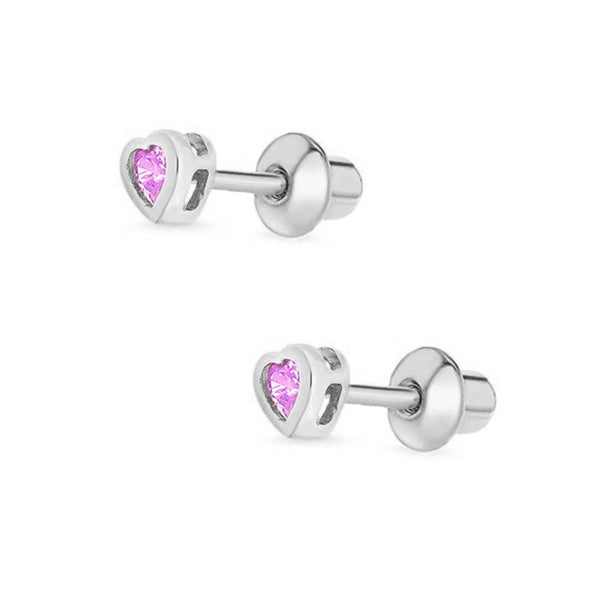 925 Sterling Silver CZ Small Heart Push Back Earring For Kids, Teens
