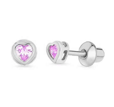 925 Sterling Silver CZ Small Heart Push Back Earring For Kids, Teens