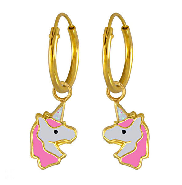 14K Gold Plated 925 Sterling Silver Pink Unicorn Hoop Earrings For Kids, Teens - Forever Kids Jewelry