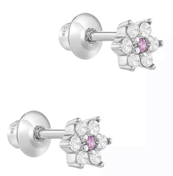 925 Sterling Silver Flower CZ Stones Screw Back Earrings for Baby, Toddler, Kids, Teens