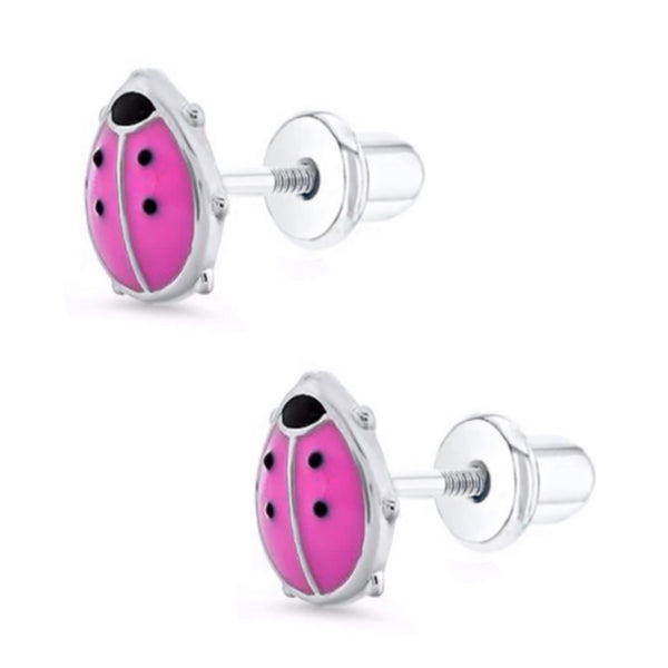 925 Sterling Silver Ladybug Enamel Screw Back Earrings For Baby, Toddler, Kids and Teens