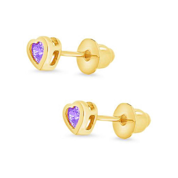 14K Gold Plated, 925 Sterling Silver CZ Small Heart Push Back Earring For Kids, Teens