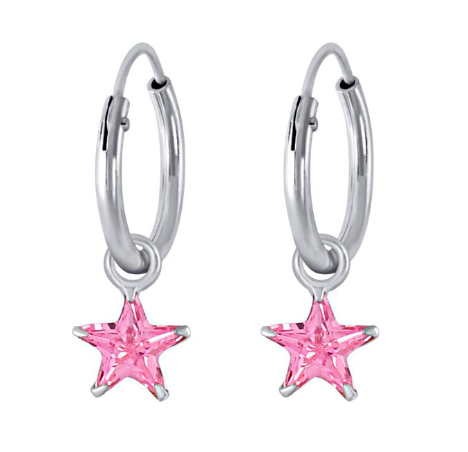 925 Sterling Silver Star 4mm CZ Stone Hoop Earrings For Kids, Teens - Forever Kids Jewelry