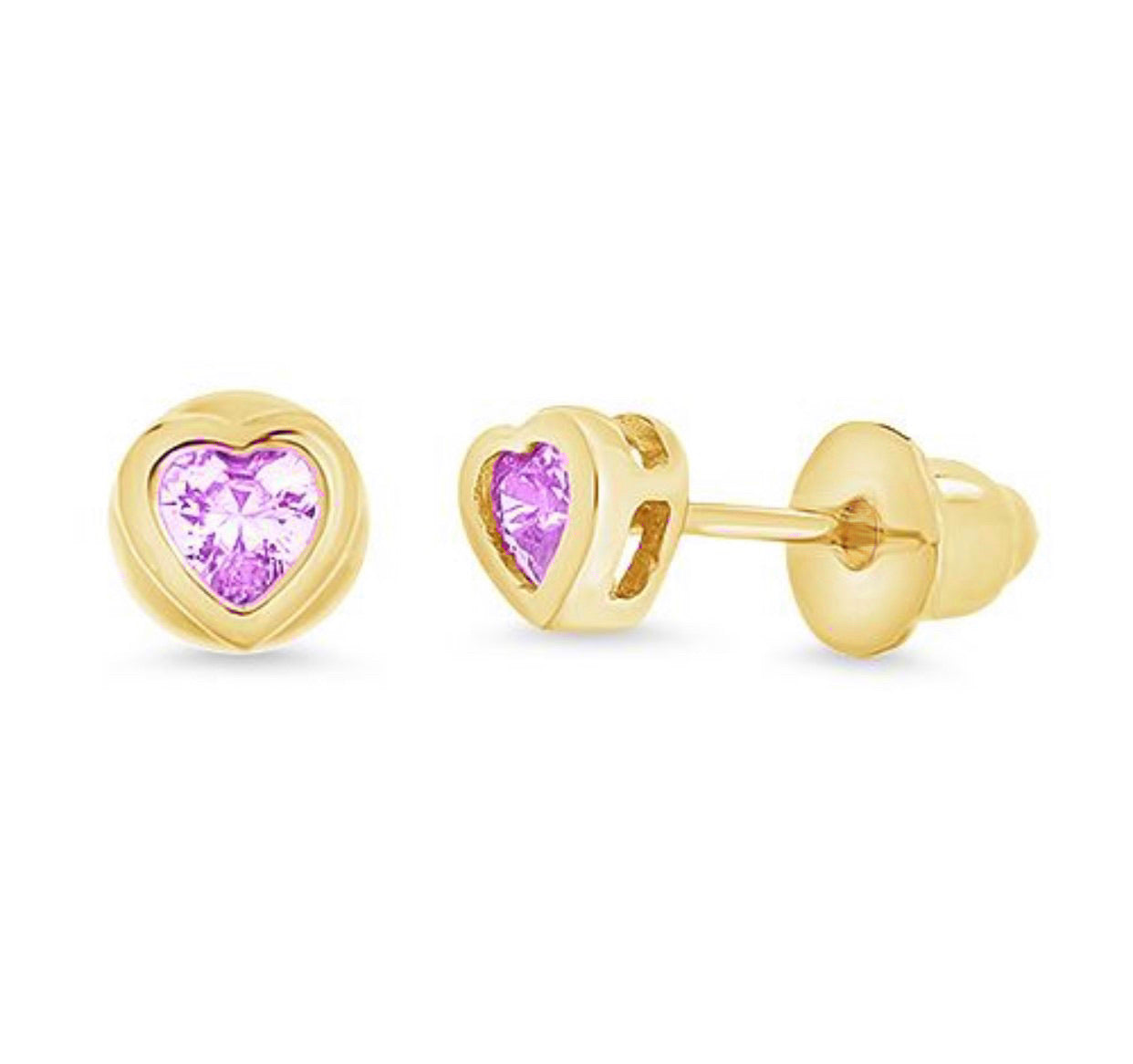 14K Gold Plated, 925 Sterling Silver CZ Small Heart Push Back Earring For Kids, Teens