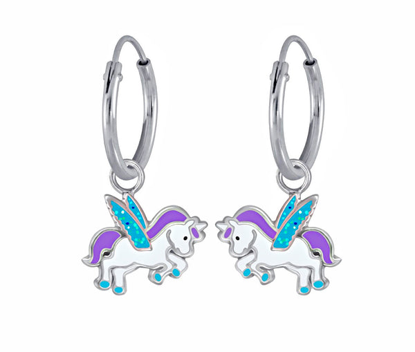 925 Sterling Silver Unicorn Aqua Glitter Wings Bracelet and Hoop Earrings Set For Kids - Forever Kids Jewelry