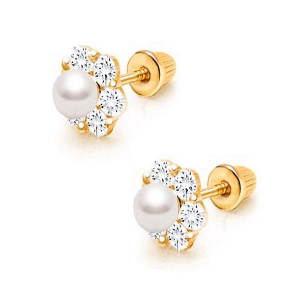 14K Gold Plated, 925 Sterling Silver Flower CZ Stones Pearl Screw Back Earrings for Baby, Kids, Teens - Forever Kids Jewelry