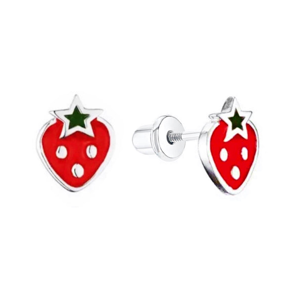 925 Sterling Silver Strawberry Enamel Screw Back Earrings For Baby, Toddlers, Kids, Teens - Forever Kids Jewelry