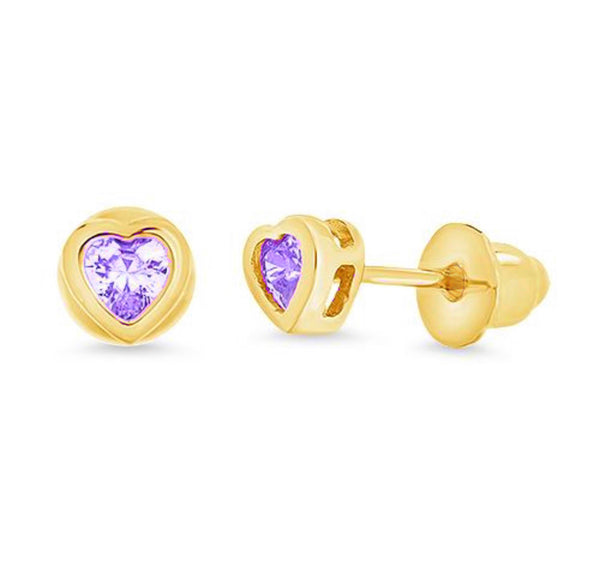 14K Gold Plated, 925 Sterling Silver CZ Small Heart Push Back Earring For Kids, Teens