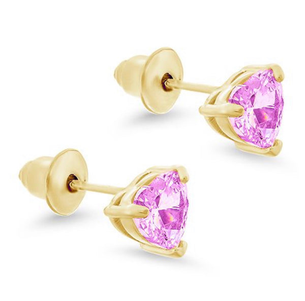 14K Gold Plated 925 Sterling Silver 6 mm CZ Heart Push Back Earring For Kids, Teens