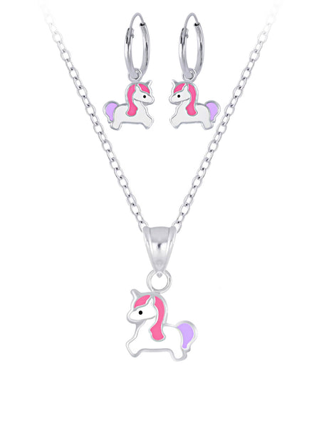 925 Sterling Silver Baby Unicorn Hoop Earrings and Necklace Set For Kids and Teens - Forever Kids Jewelry
