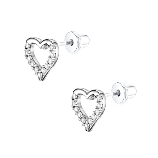 925 Sterling Silver Polished Open Heart CZ Stones For Baby, Kids and Teens