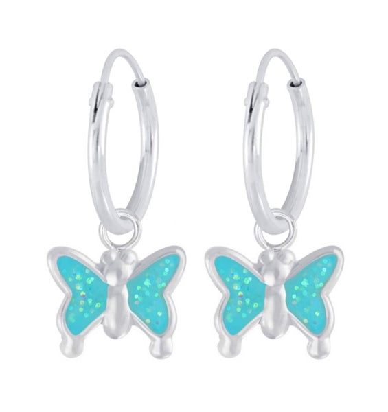 925 Sterling Silver Butterfly Glitter Enamel Hoop Earrings For Kids, Teens - Forever Kids Jewelry