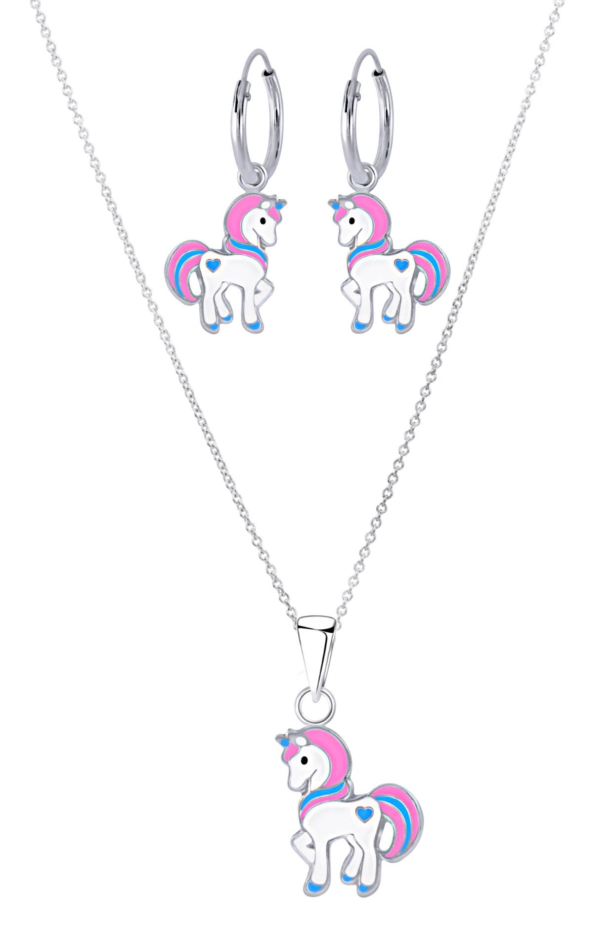 925 Sterling Silver Unicorn With Heart Hoop Earrings and Necklace Set For Kids and Teens - Forever Kids Jewelry