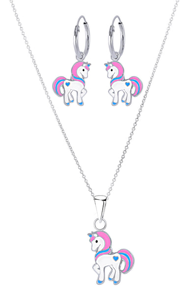 925 Sterling Silver Unicorn With Heart Hoop Earrings and Necklace Set For Kids and Teens - Forever Kids Jewelry