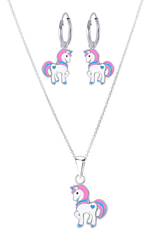 925 Sterling Silver Unicorn With Heart Hoop Earrings and Necklace Set For Kids and Teens - Forever Kids Jewelry