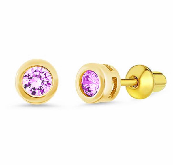 14K Gold Plated 925 Sterling Silver CZ Small Round Push Back Earring For Kids, Teens