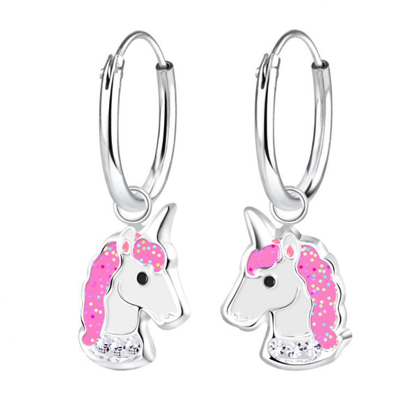 925 Sterling Silver Glitter Crystal Unicorn Enamel Hoop Earrings For Kids, Teens - Forever Kids Jewelry