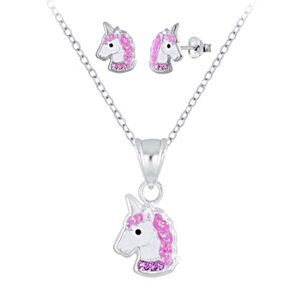 925 Sterling Silver Crystal Glitter Hair Unicorn Push Back Earrings and Necklace Set For Toddlers, Kids and Teens - Forever Kids Jewelry