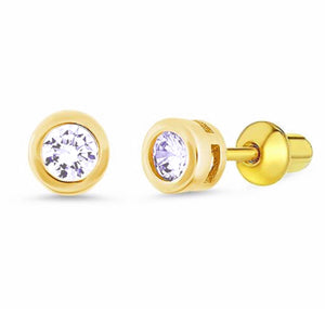 14K Gold Plated 925 Sterling Silver CZ Small Round Push Back Earring For Kids, Teens