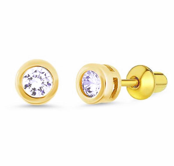 14K Gold Plated 925 Sterling Silver CZ Small Round Push Back Earring For Kids, Teens