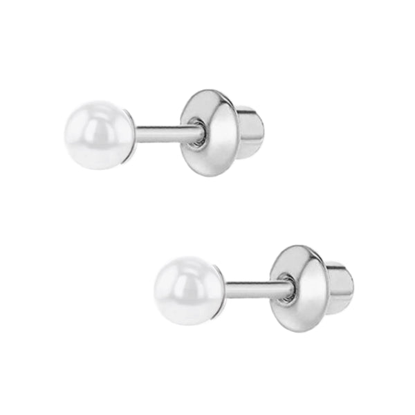 14K Gold Plated / 925 Sterling Silver 4mm Pearl Stud / Push Back Earring For Kids, Teens