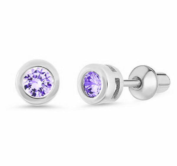 925 Sterling Silver CZ Small Roun Push Back Earring For Kids, Teens