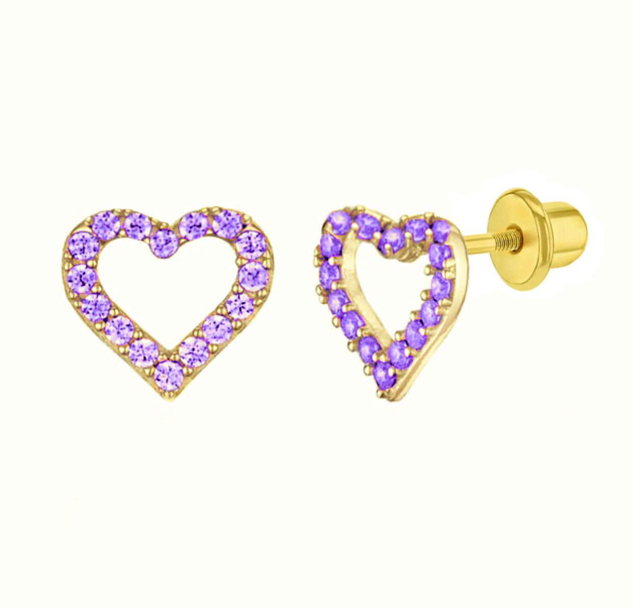 14K Gold Plated 925 Sterling Silver Open Heart CZ Stones Screw Back Earring For Baby, Kids, Teens - Forever Kids Jewelry